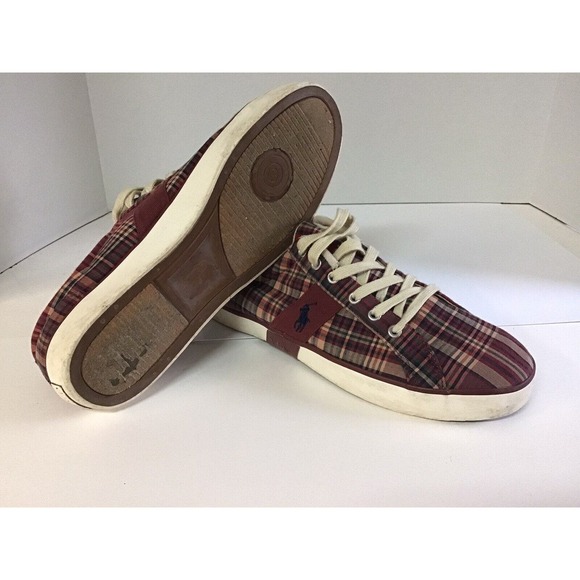 Polo Ralph Lauren Shoes Men’s 12 Canvas Giles Madras‎ Red Brick Plaid Lace Pony - Picture 1 of 7